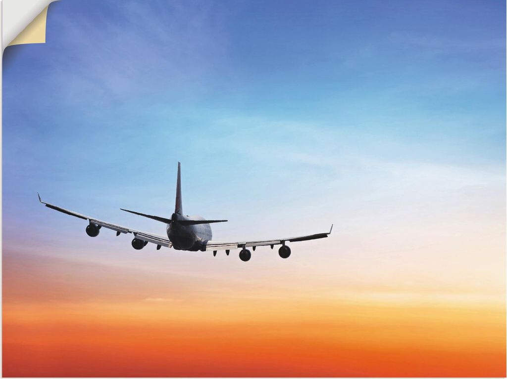 ARTland Wandbild, selbstklebend Flugzeug vor orange/blauem Abendhimmel Größe: 60x45 cm