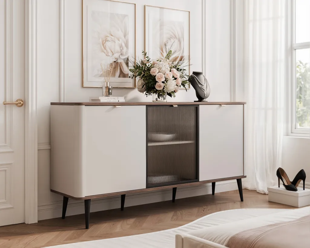Meuble de rangement 160 cm NAVANI, bahut de salon chic effet strié