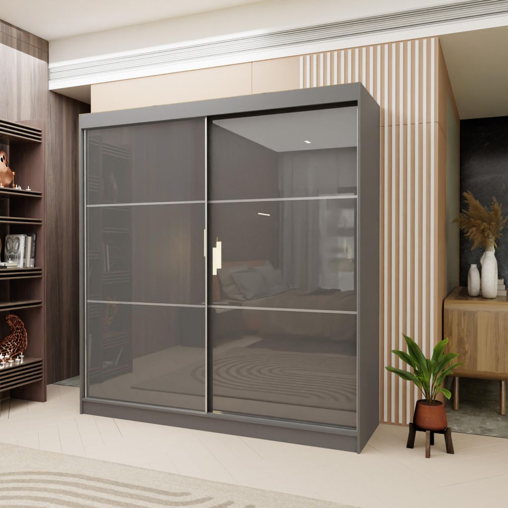 200 cm Kleiderschrank mit Schiebetüren Lumina Moderner Kleiderschrank mit silbernen Sprossen Kleiderschrank fürs Schlafzimmer mit dekorativem Lac...