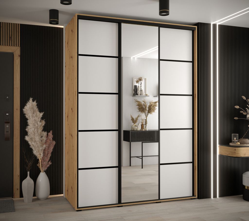 Kleiderschrank ASIRI 5 – 180/60 cm, Eiche handwerklich / weiß / schwarz