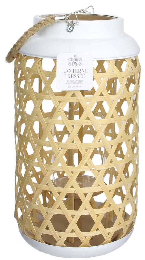 Lanterne Blanche Tressée 38.5cm - Structure Artisanale et Anse Mobile