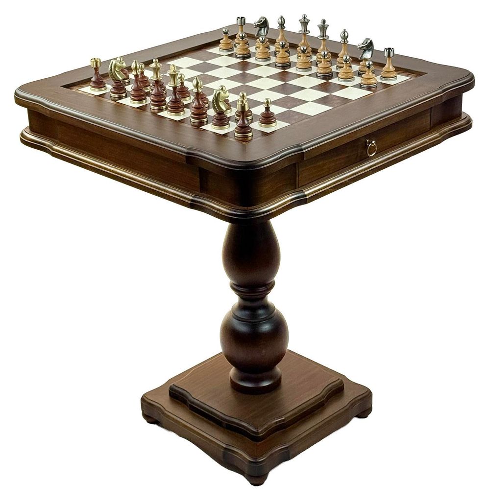 Luxus 2-in-1 Schach-Set: Italfama Schachtisch, Messing & Holz Figuren 8 cm & Damesteine