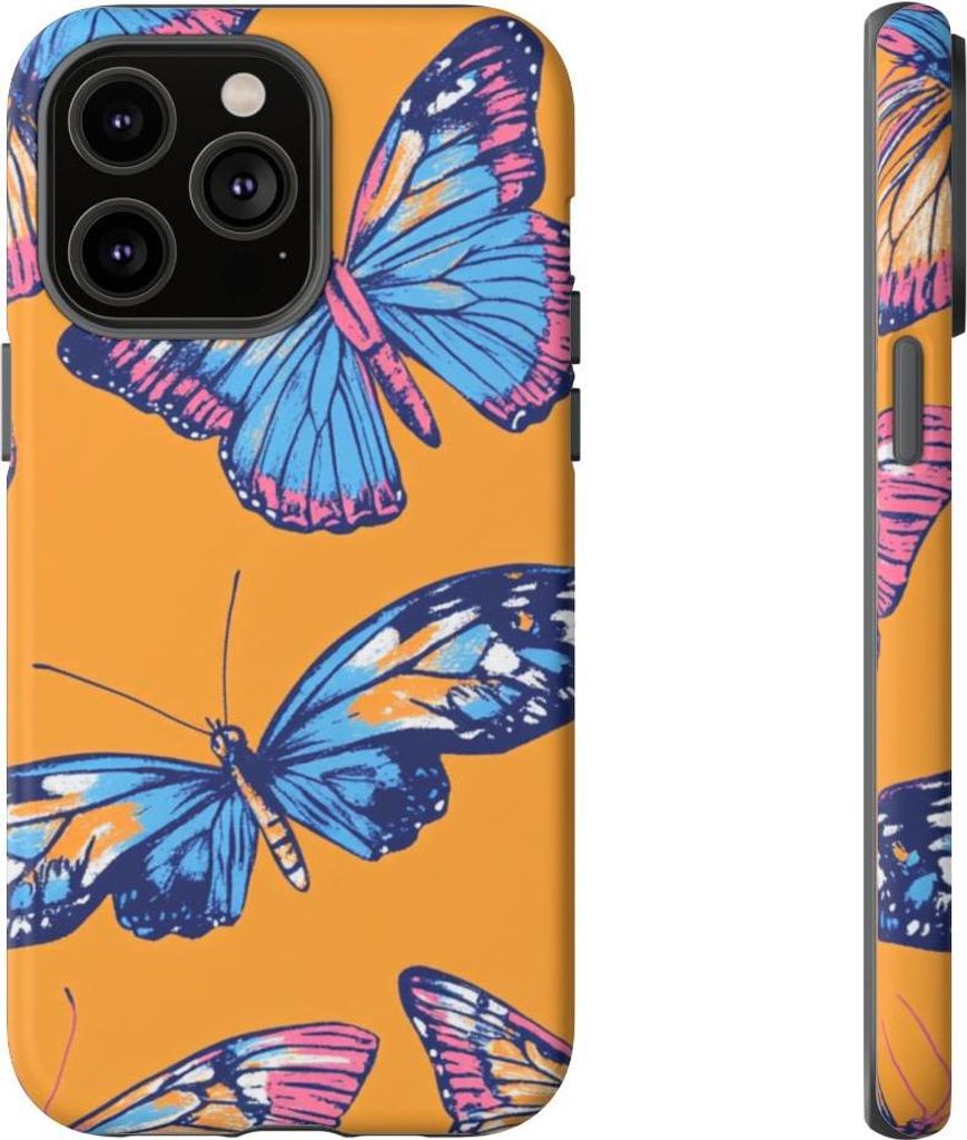 Blaue und pinke Schmetterlinge auf orangem Hintergrund – Hülle Kompatibel mit iPhone 14 Pro Max