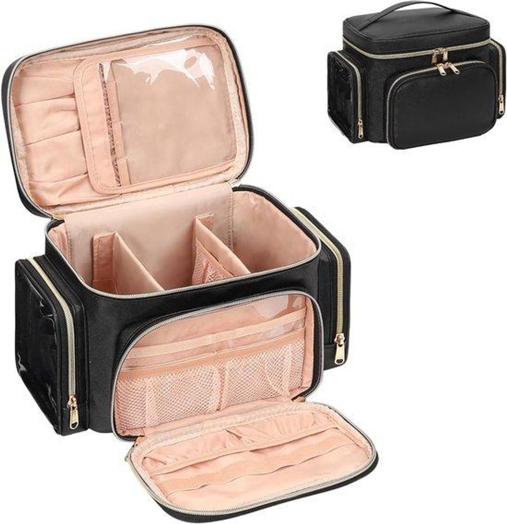 Große Reise-Make-up-Tasche für Damen, mit Fach für Bürsten, tragbare Make-up-Tasche Organizer, schwarz, groß, schwarz, 24,89 x 18,03 x 19,05 cm