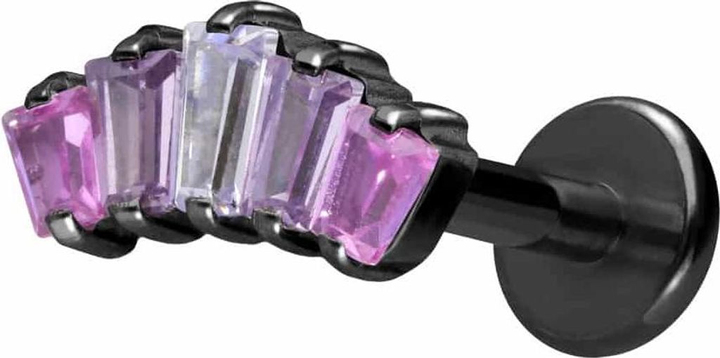 Ohrpiercing, Nasenpiercing Titan Labret mit Innengewinde 5 EINGEFASSTE KRISTALLRECHTECKE Schwarz Stablänge: 7mm | Stabstärke: 1,2mm