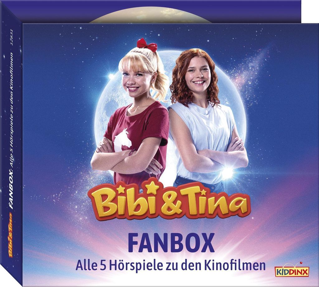 The image shows the front of a "Bibi & Tina" fan box containing audio plays based on the movies. Two young women are featured prominently against a starry, moonlit background.