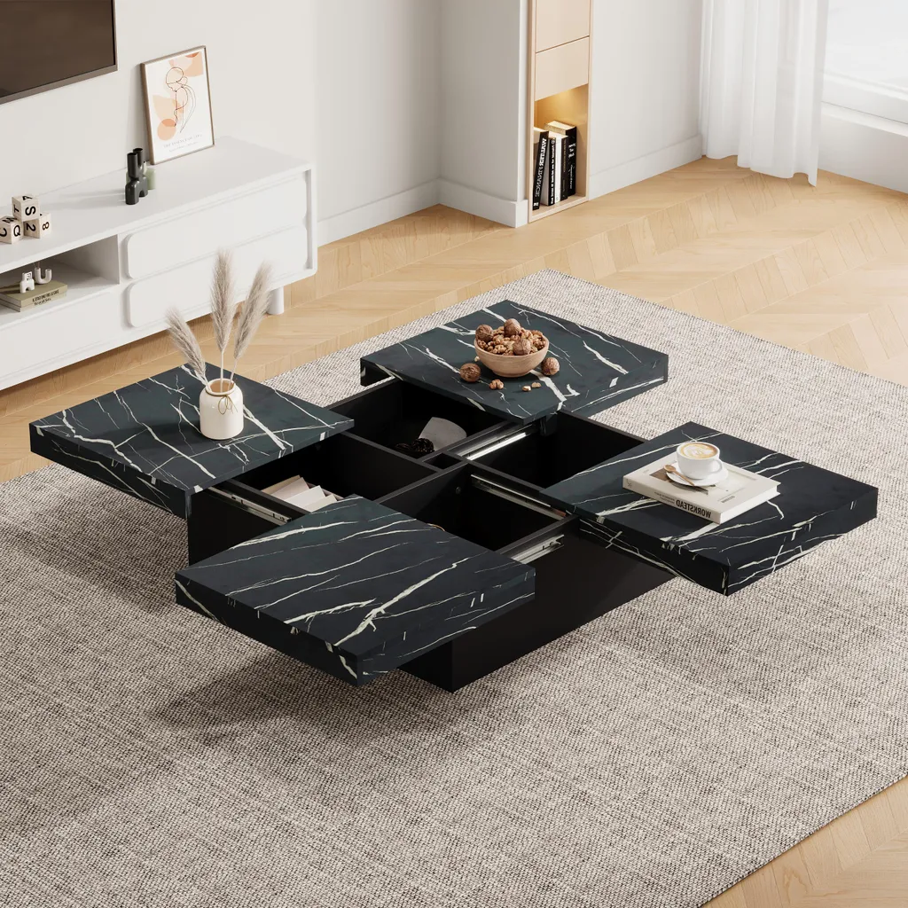 Table basse de salon design noir marbré 90cm avec rangement invisible