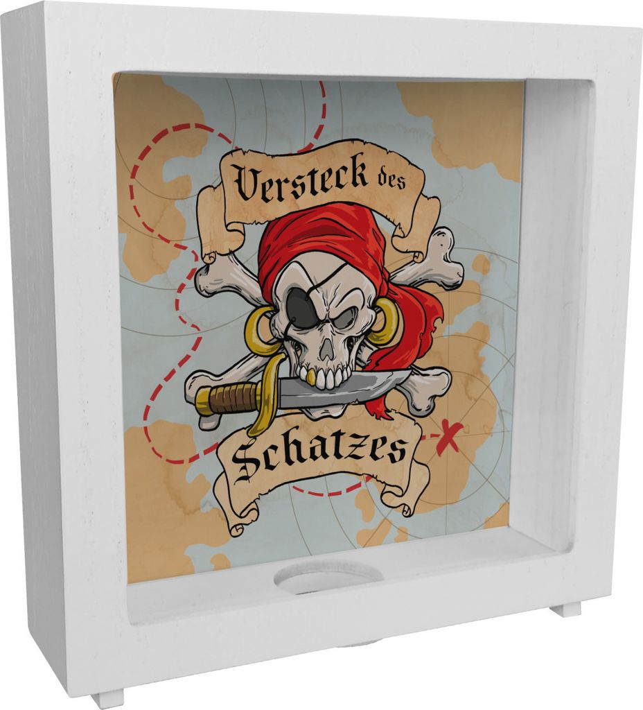 Rahmen Spardose aus Holz für Kinder mit Schatzkarte und Totenkopf - Versteck