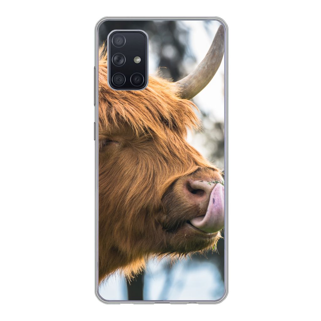 MuchoWow Handyhülle Schutzhülle Hülle für Samsung Galaxy A51 Schottischer Highlander - Nase - Baum Silikon Softcase Handy Hülle - Schutzabde...