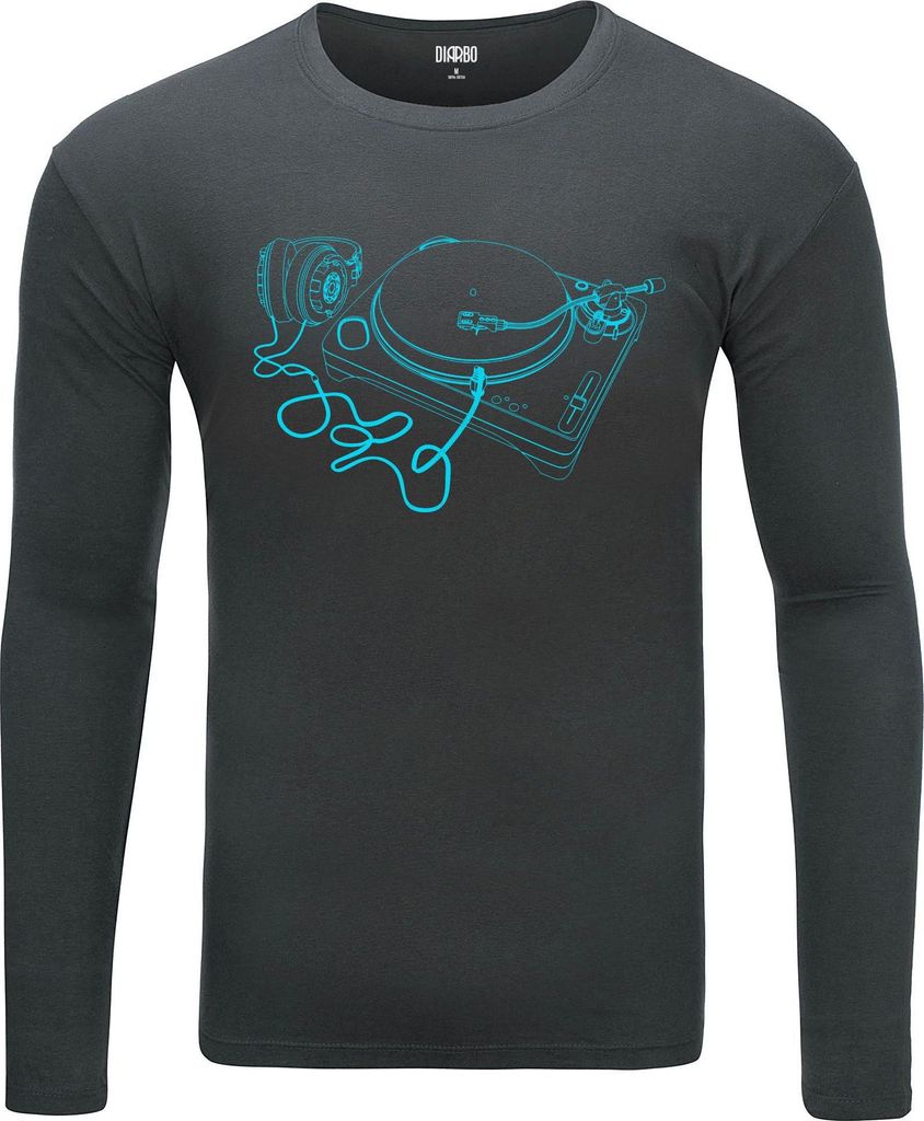 Herren Warm, Langarm-T-Shirt mit Druck Plattenspieler Dunkelgrau Gr.L