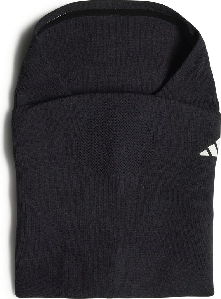 A black Adidas scarf folded on a white background.