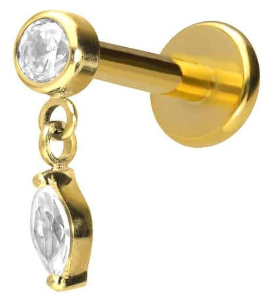 Ohrpiercing, Nasenpiercing Titan Labret mit Innengewinde KRISTALL + KRISTALLTROPFEN Gold Stablänge: 8mm | Stabstärke: 1,6mm