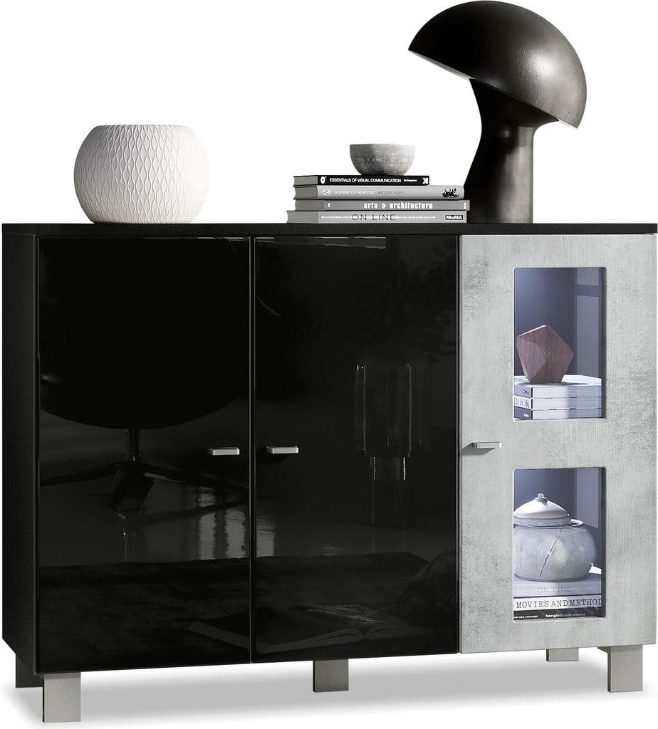 Vladon Sideboard Denjo, Germany, Kommode mit 3 Türen, Schwarz matt/Schwarz Hochglanz/Beton Oxid-Optik, inkl. LED-Beleuchtung (107 x 81 x 35 cm)