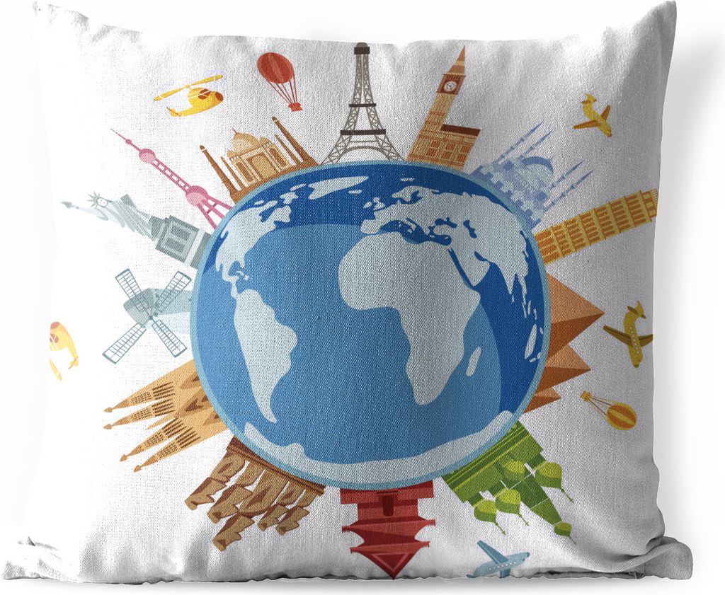 MuchoWow Outdoor Kissen - Bunte Illustration von Landmarken auf einem Planeten - 60x60 cm - Wetterfest - Lounge Kissen - Dekoration - Schlaf Kissen