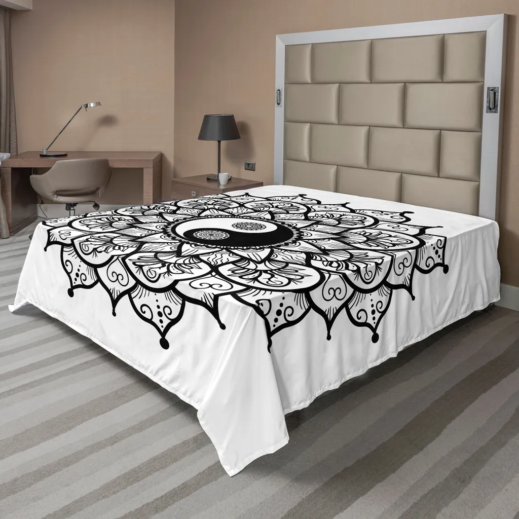 Drap plat décoratif Ying Yang pour lit XXL - Ambiance Zen Mandalas Noirs