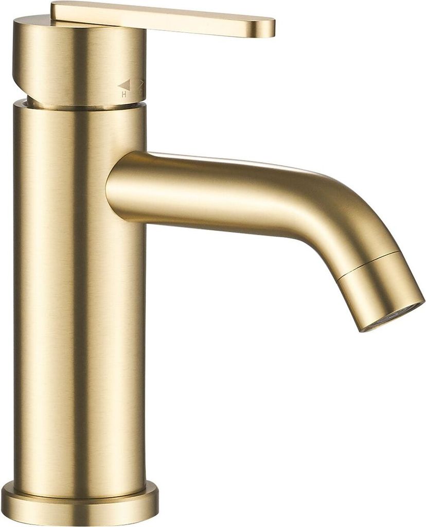 A close-up studio shot of a gold-colored bathroom faucet against a white background.