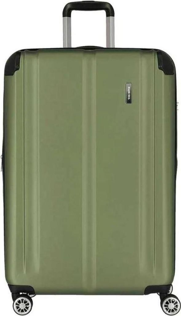 A green suitcase with wheels and a retractable handle.