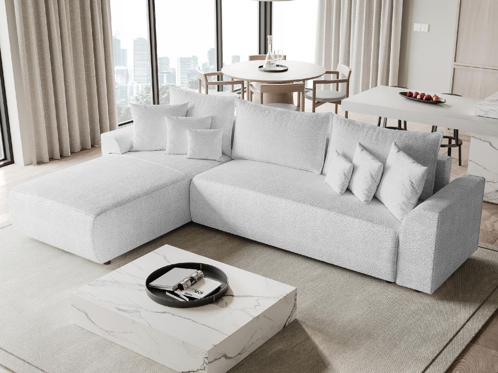 BroMARKT Bouclé Ecksofa SYDNEY mit Schlaffunktion Bettkasten Kissen Couch Sofa L-Form, Weiß