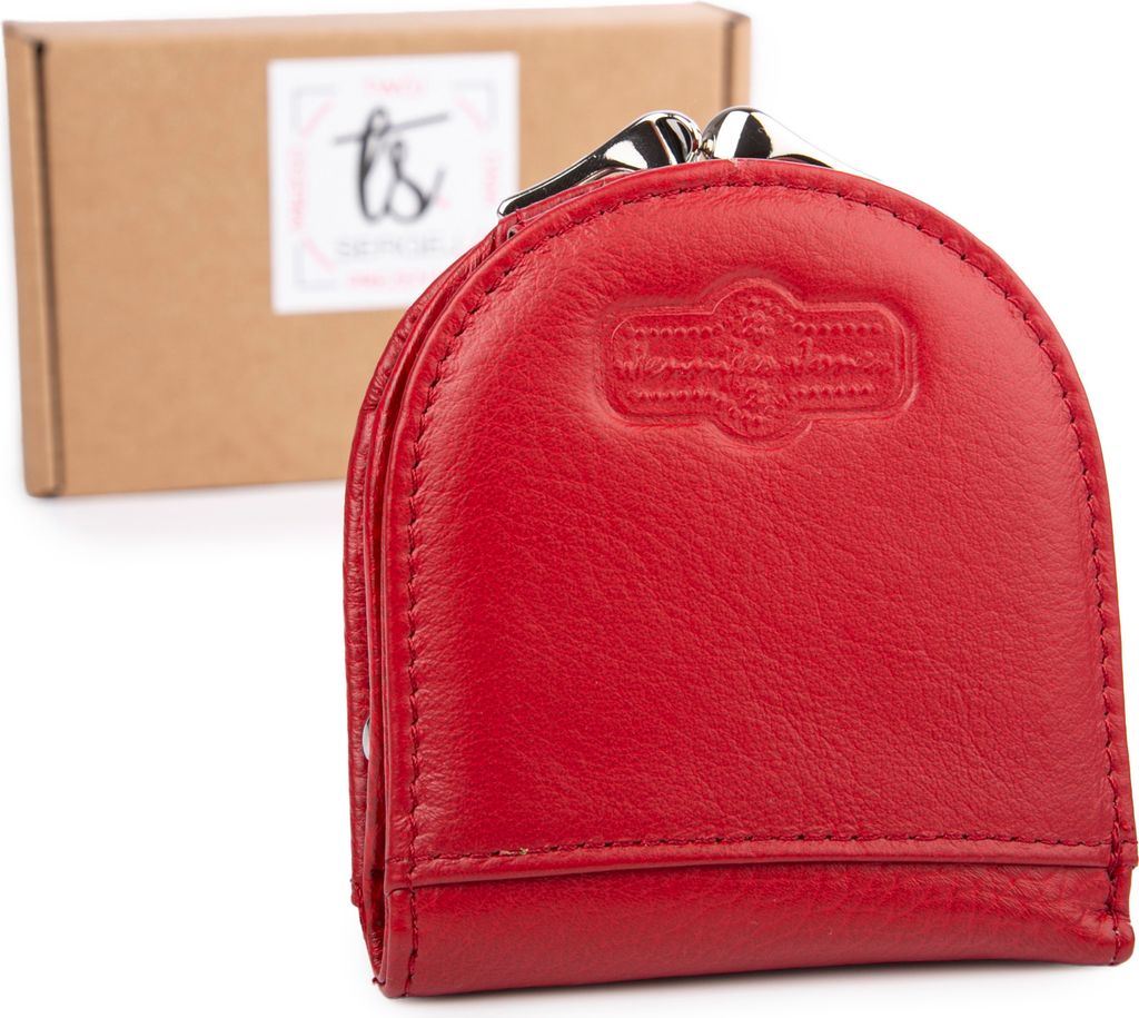 A red leather coin purse is shown next to its packaging.