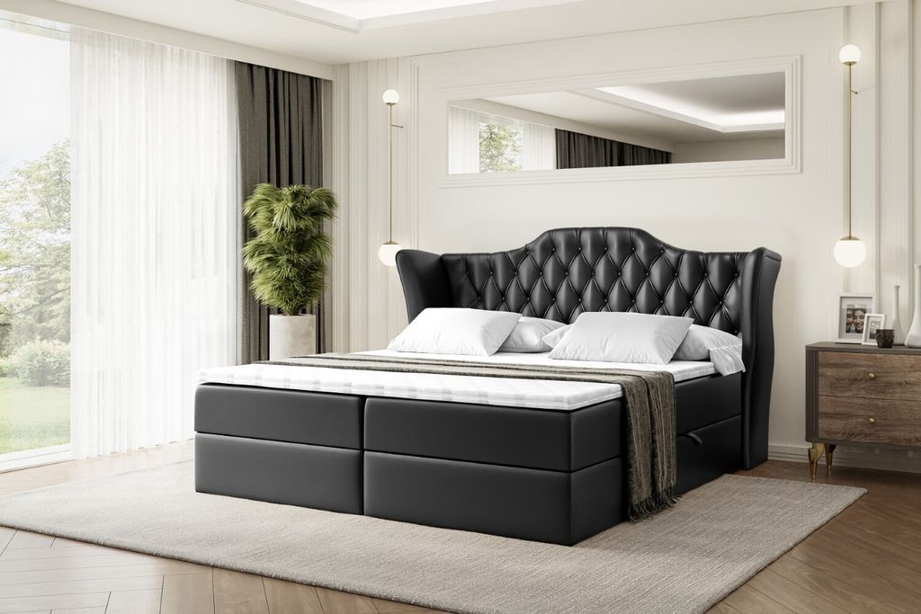 ALTDECOR Boxspringbett mit H3 Matratze und Topper - 140 x 200 cm - VILA - Schwarz Kunstleder - Polsterbett mit Bettkasten und Lattenrost, Bett mit ...