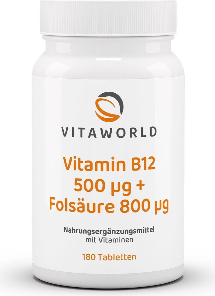 Vitaworld Vitamin B12 500 μg + Folsäure 800 μg | 180 Tabletten | hochdosiert | hergestellt in Deutschland | vegan
