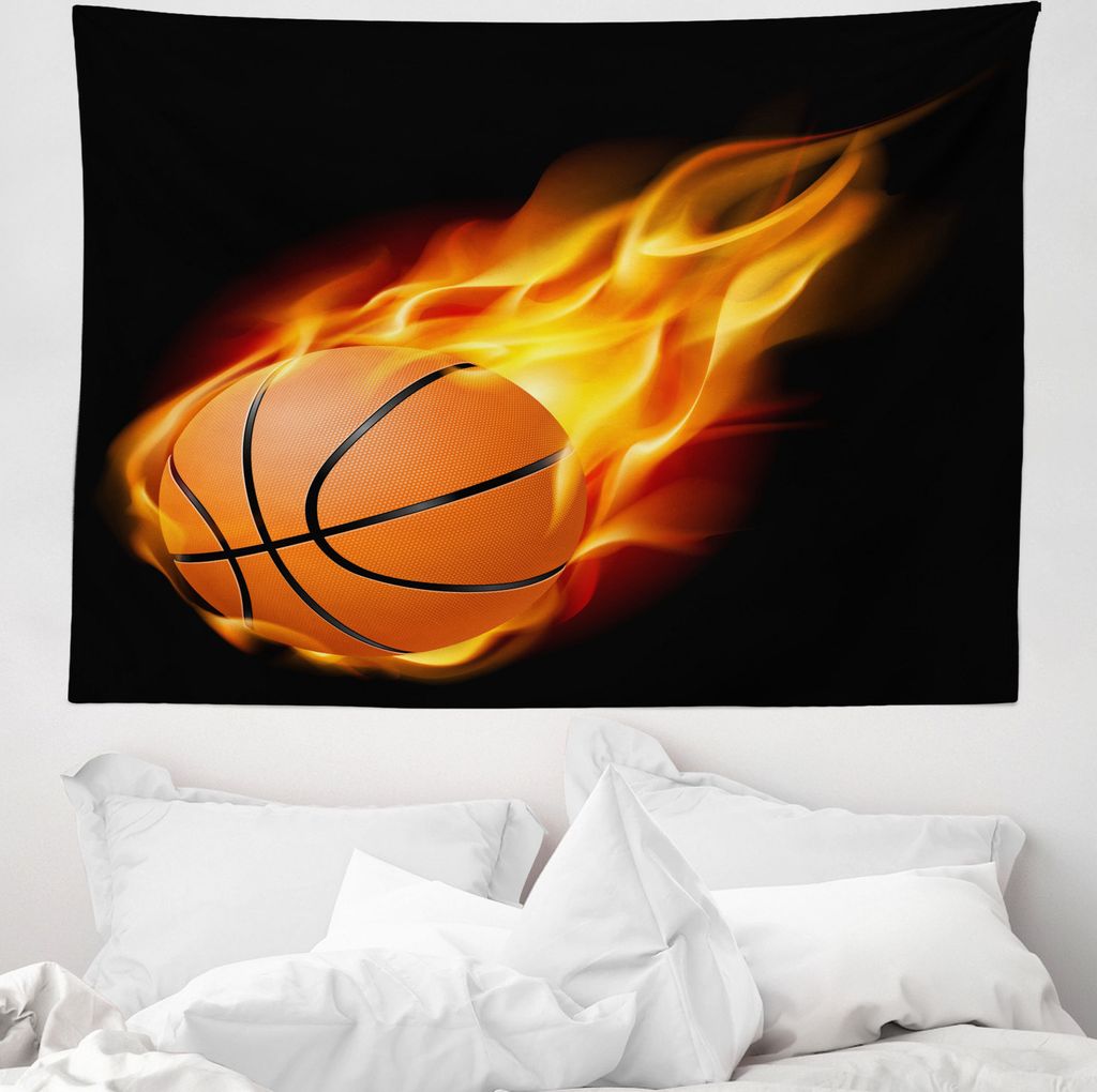 ABAKUHAUS Sport Wandteppich, Basketball Feuer schießen aus Weiches Mikrofaser Stoff Waschbar ohne Verblassen Digitaldruck, 150 x 110 cm, Schwarz O...