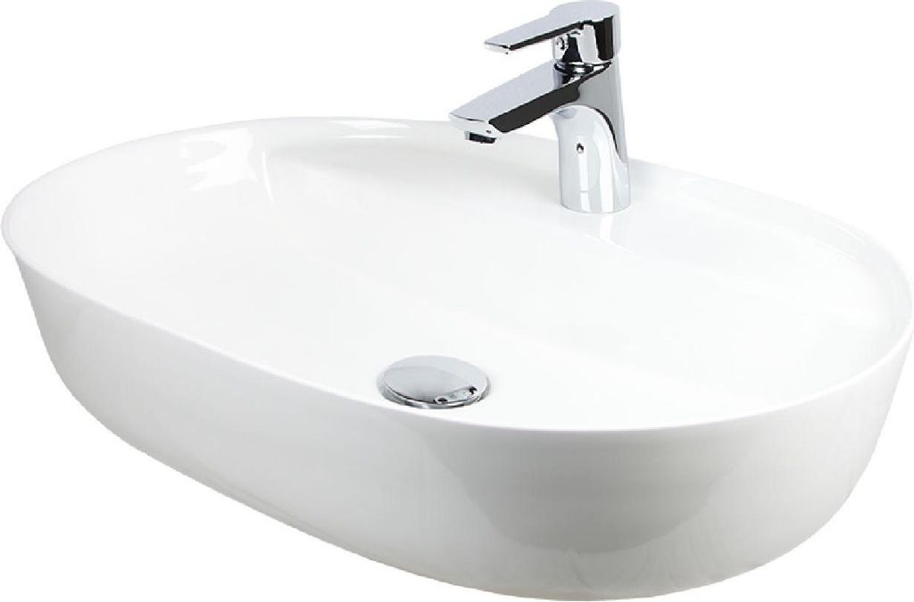 Keramik Aufsatz Waschbecken Oval 610 x 415 x 140 mm Anschlussset weiß mit Ablage