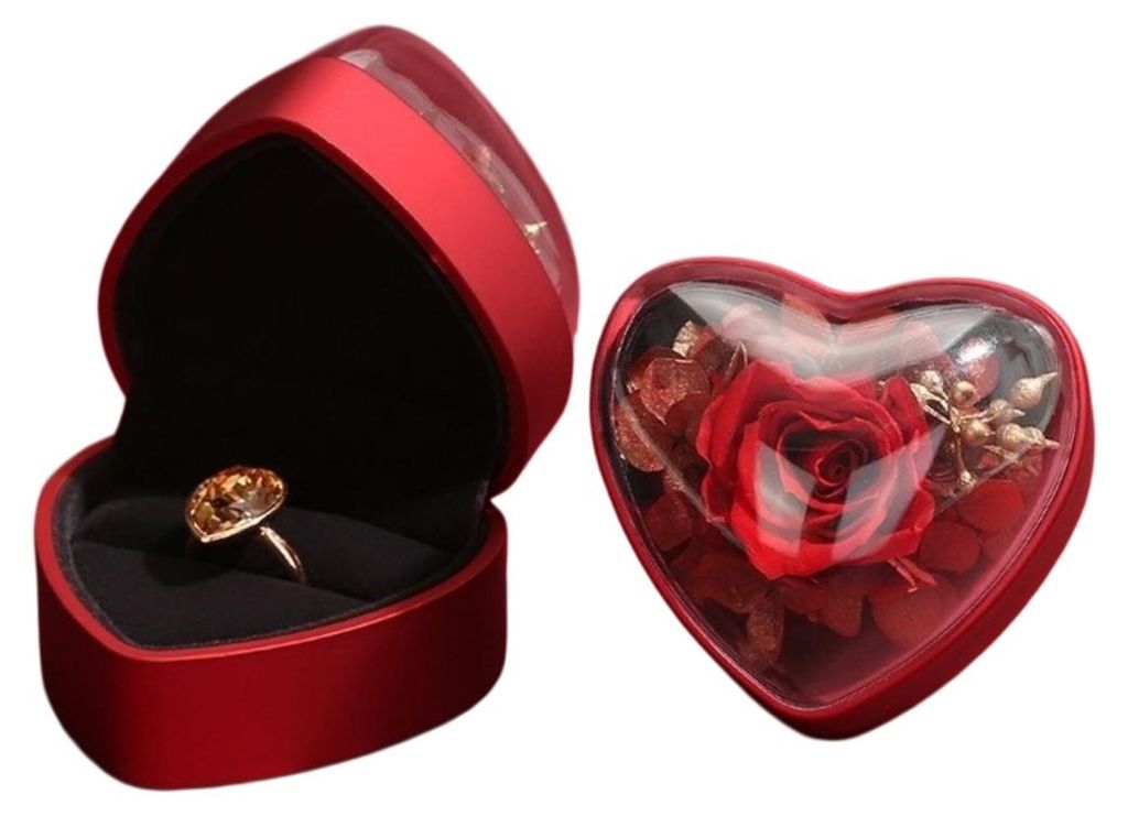 INF Herzförmige Ringbox PU+EVA konservierte Blume 6.5x7x64cm Verlobung x1 Rot