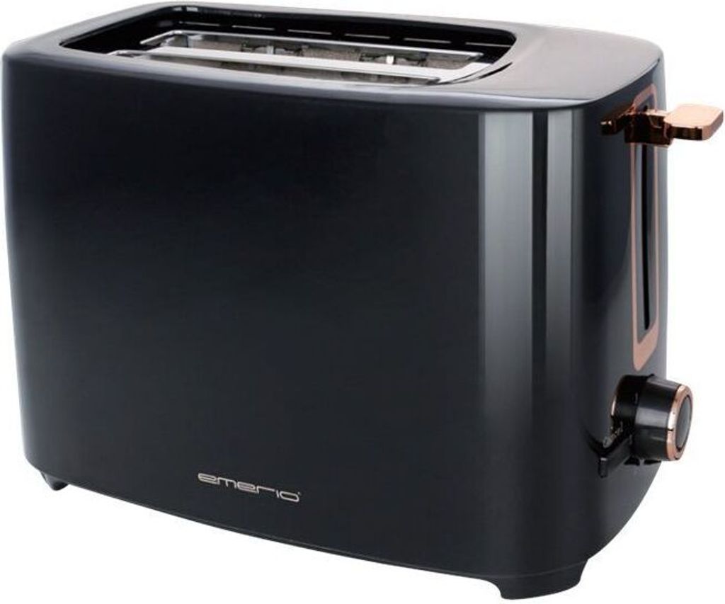 A black toaster with copper accents on a white background.
