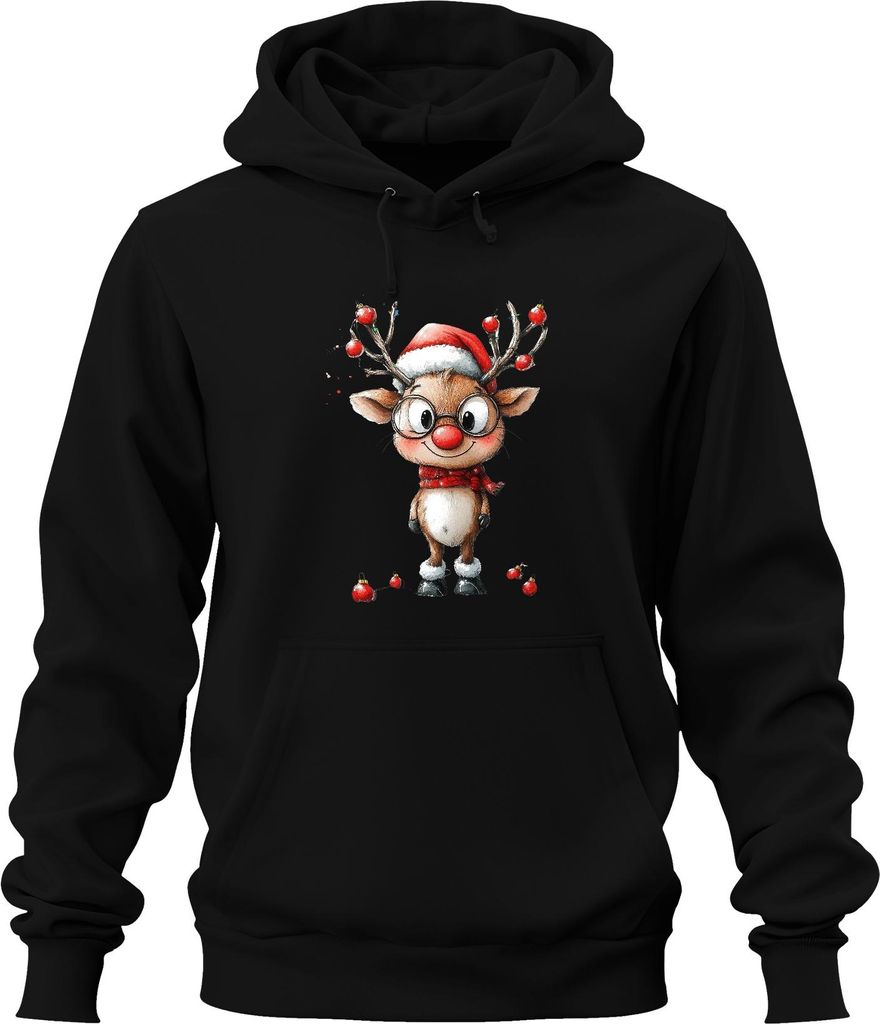Lustiges Rentier Rudolf mit Brille rote Nase Weihnachten Geschenk Uni Hoodie Kapuzenpullover, Schwarz, S