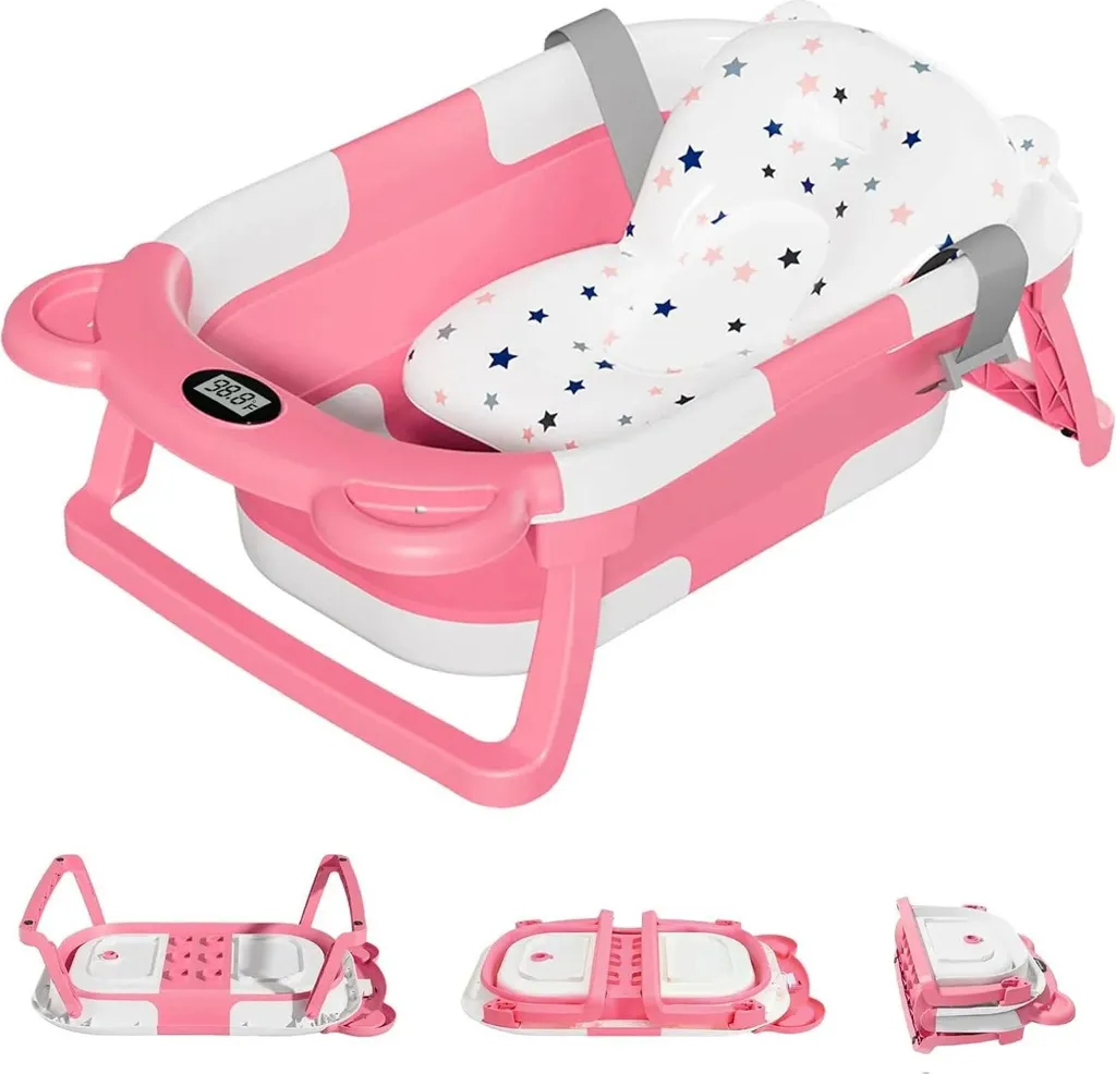 Baignoire de voyage portable pour bébé avec thermomètre digital rose