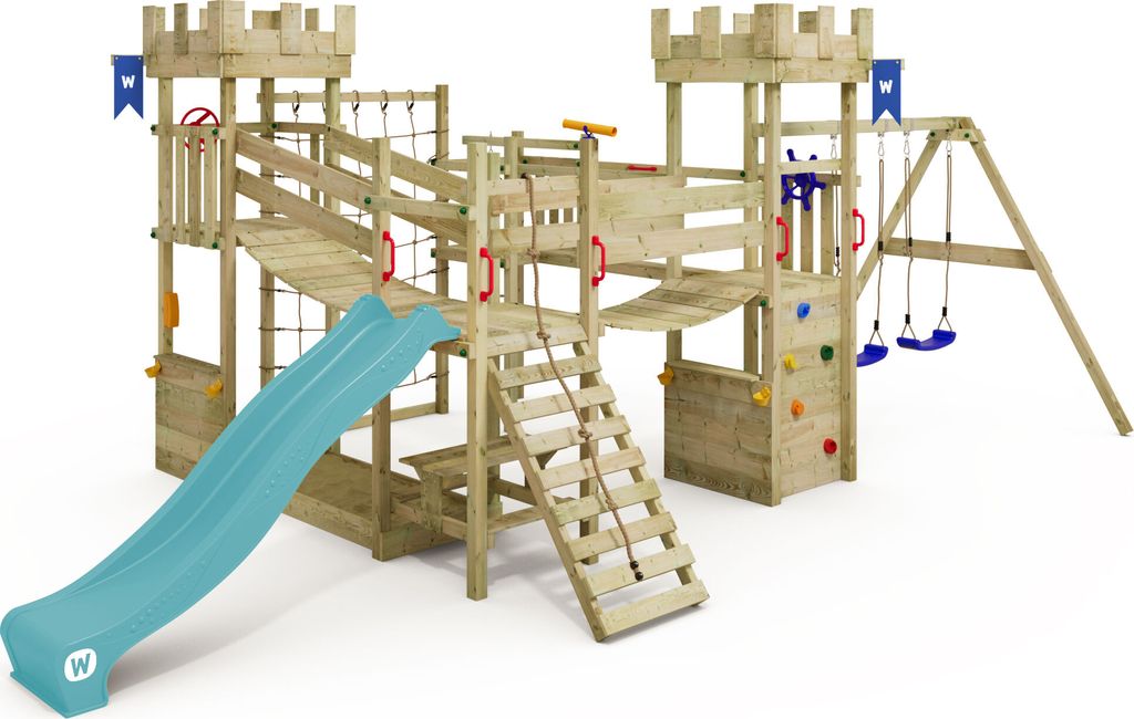 WICKEY Spielturm Smart Arch mit Kletternetz, Doppelschaukel, Wackelbrücke und Rutsche – türkis