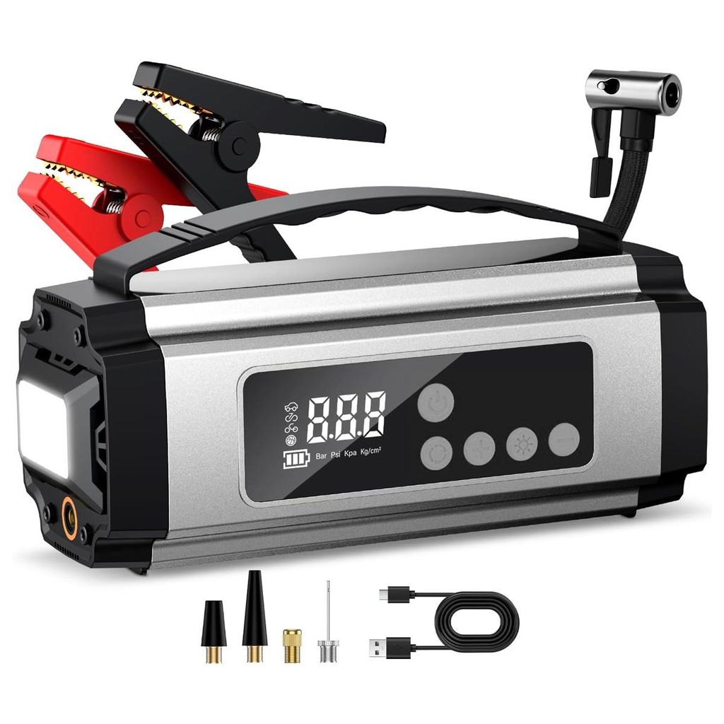 7-in-1 Starthilfe Powerbank mit Kompressor 150PSI, 8000mAh Auto Starthilfe, Starter Powerbank für bis 8L Benziner & 5L Dieselmotor, mit Notlicht