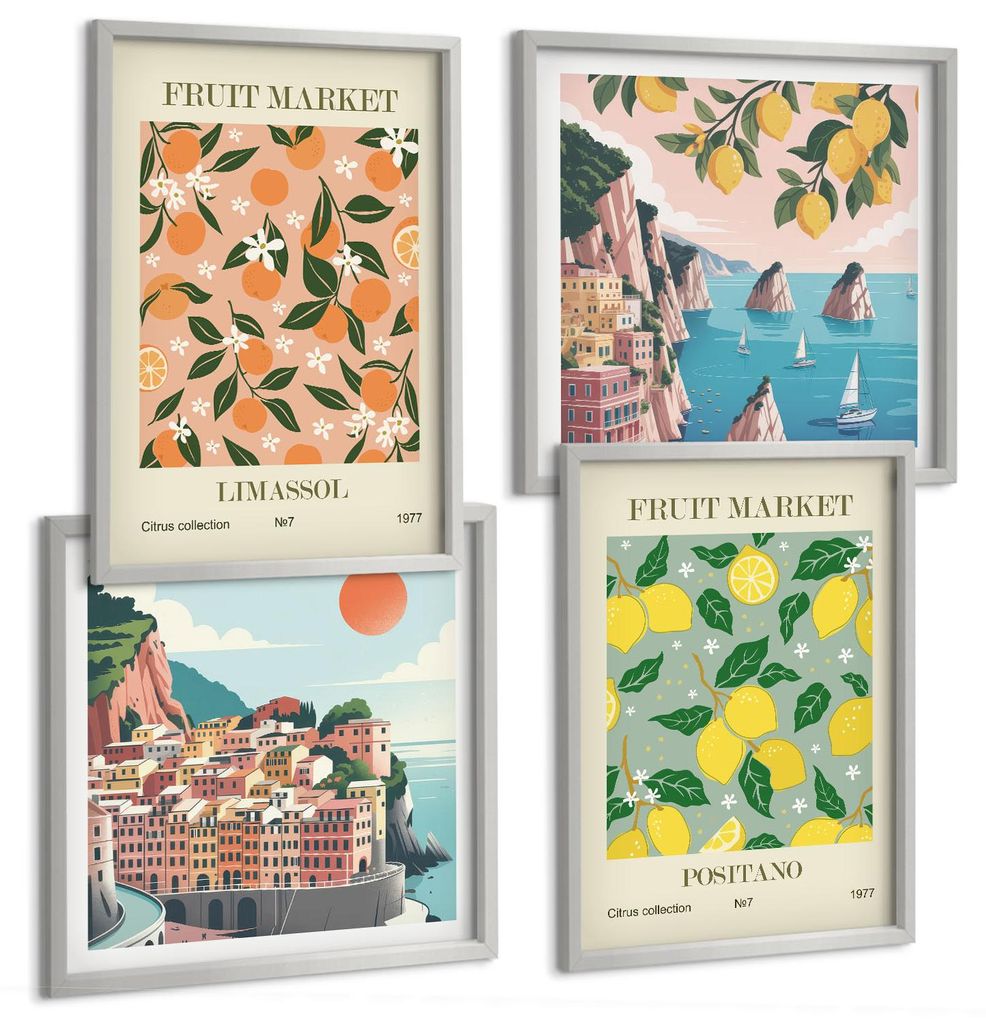 Bilder Set 4-teilig im silbergerahmten Rahmen – Wandbilder 4 Stück – gerahmte Poster für Wohnzimmer, Schlafzimmer und Flur – 50x50 cm - 40x...
