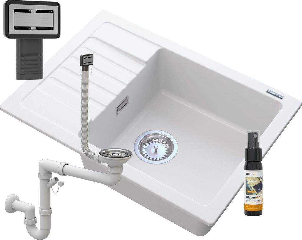 Granitan | Granitspüle ARGOS - Weiß - Einbau mit Abtropffläche - inkl. Chrom-Syfon
