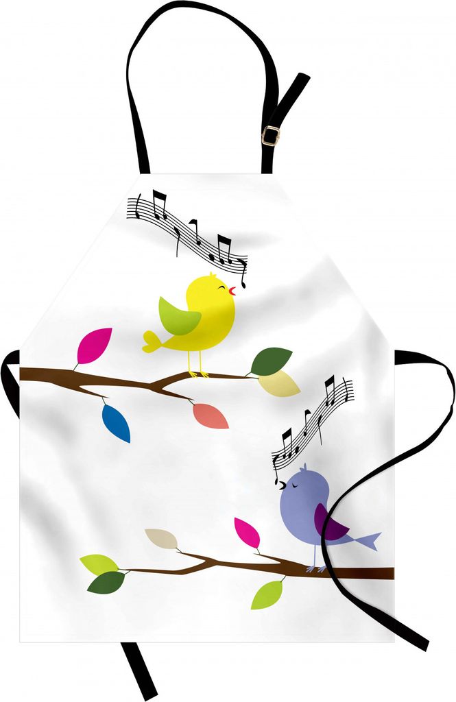 ABAKUHAUS Vögel Kochschürze, Nette Bunte Vögel, die auf Baum-besten Glück-Maskottchen-Artsy Humor-Illustration singen, Farbfest Höhenverstellb...