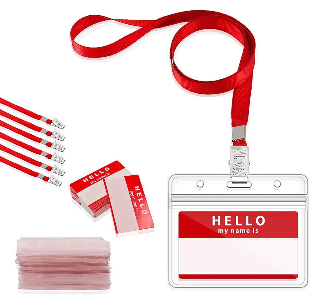 Set mit 50 Namensschildern inklusive Lanyard, Kartenhalter und Ausweishalter für Unternehmen, Messen, Büros, Schulen und Kinder (rot)
