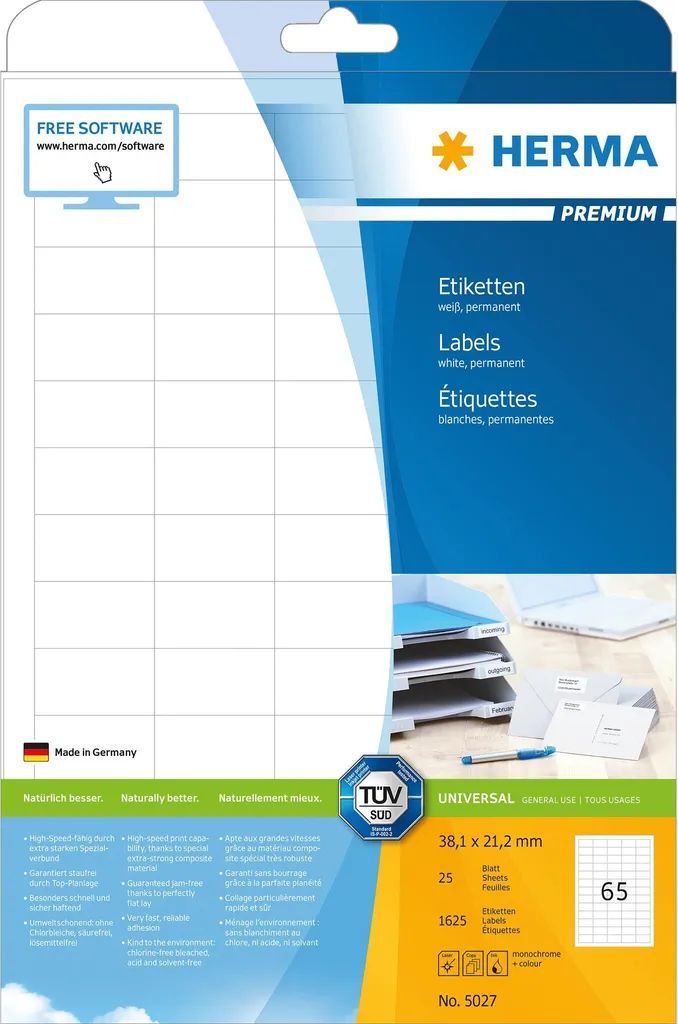 Etichette Premium A4, carta bianca 38,1x21,2 mm opaca 1625 pz.
