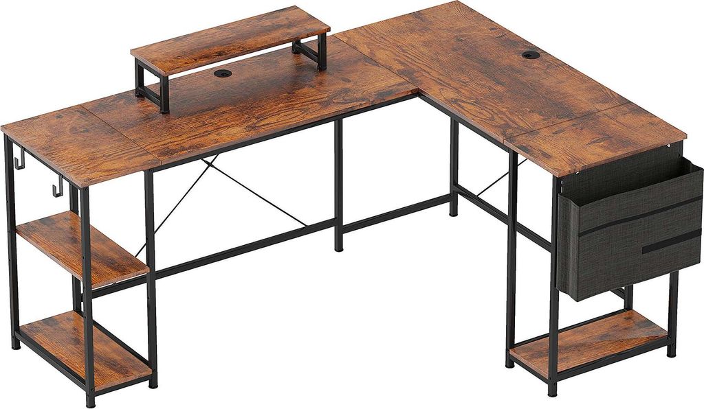 AIORBER Eckschreibtisch L-förmiger Schreibtisch 168x120cm Computertisch mit Stauraum Ablage Monitorständer Gaming Tisch Büro Rustikal-Braun