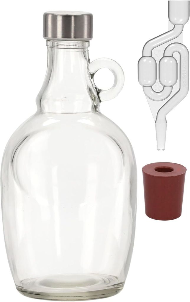 1L Gärballon mit rundem Griff Rundgriff Flasche +Gummistopfen + Gärröhrchen Set