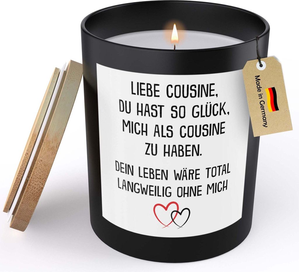 22Feels Cousine Geschenk von Cousine Mädchen Frauen Spruchkerze "Glück Mich Zu Haben" Sojawachs Kerze im Glas Abitur Geburtstag Handgemacht mit S...