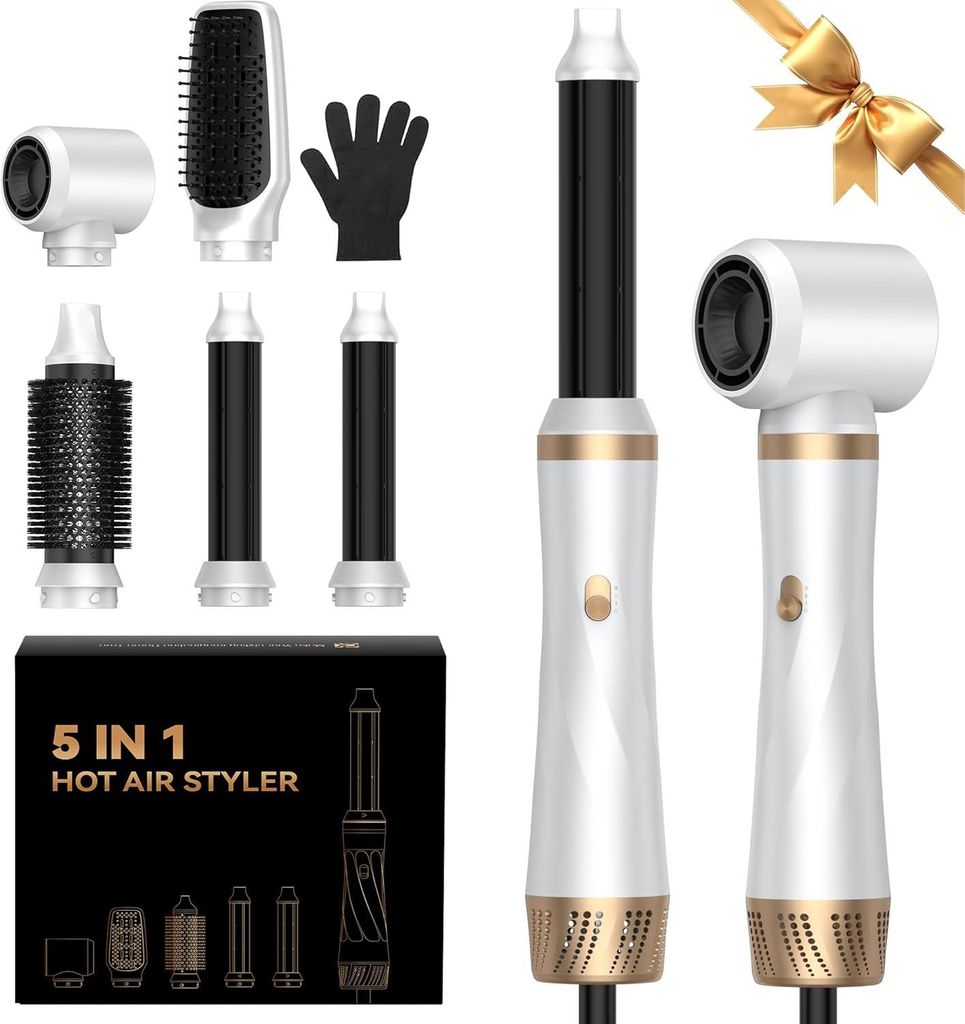 Airstyler 5-in-1 Haarstyler 1000W, Föhnbürste Warmluftbürste Lockenstab Glättbürste, 3 Temperaturen, Volumen Glätten Locken Föhnen Ionenpfle...