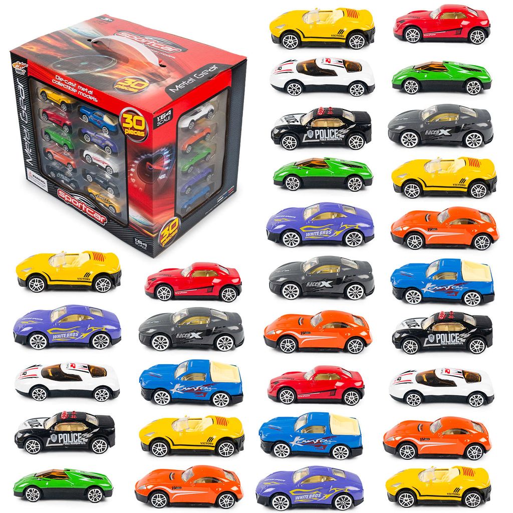 A collection of toy cars displayed in a box and arranged in rows.