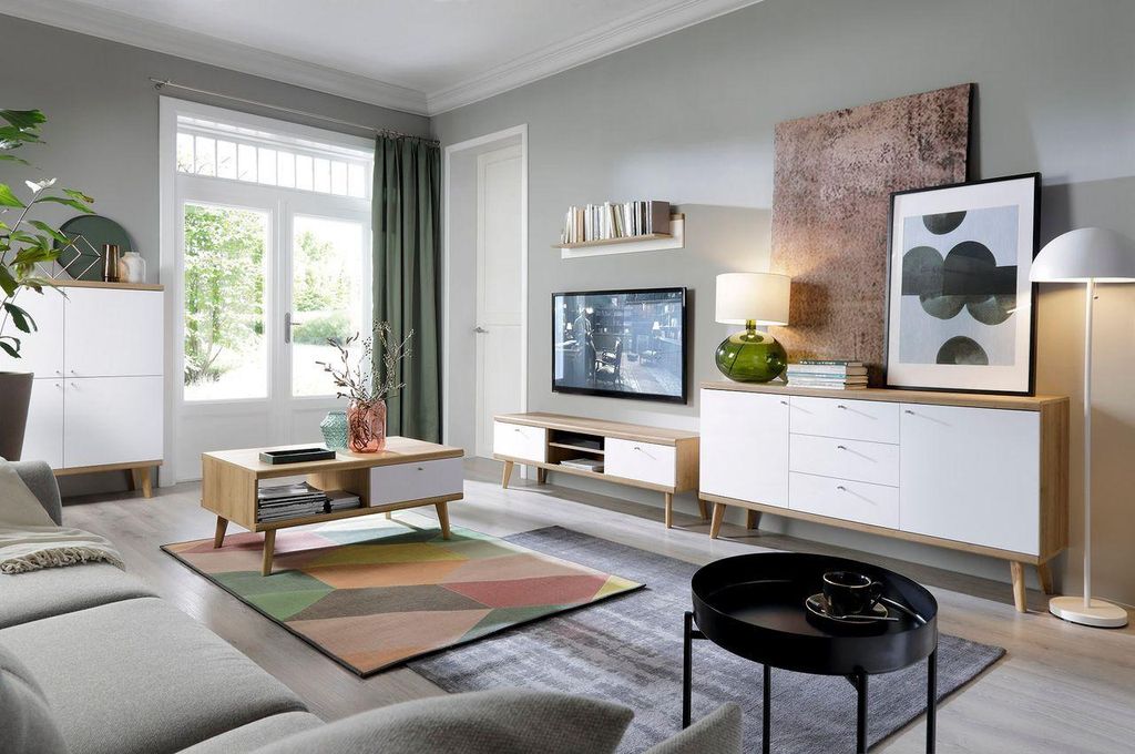 Wohnzimmer Set – Wohnzimmer Komplettset – PRIMO – 5-teilig – Weiß / Sonoma Eiche – TV-Lowboard – 2× Kommode – Couchtisch – Wandregal