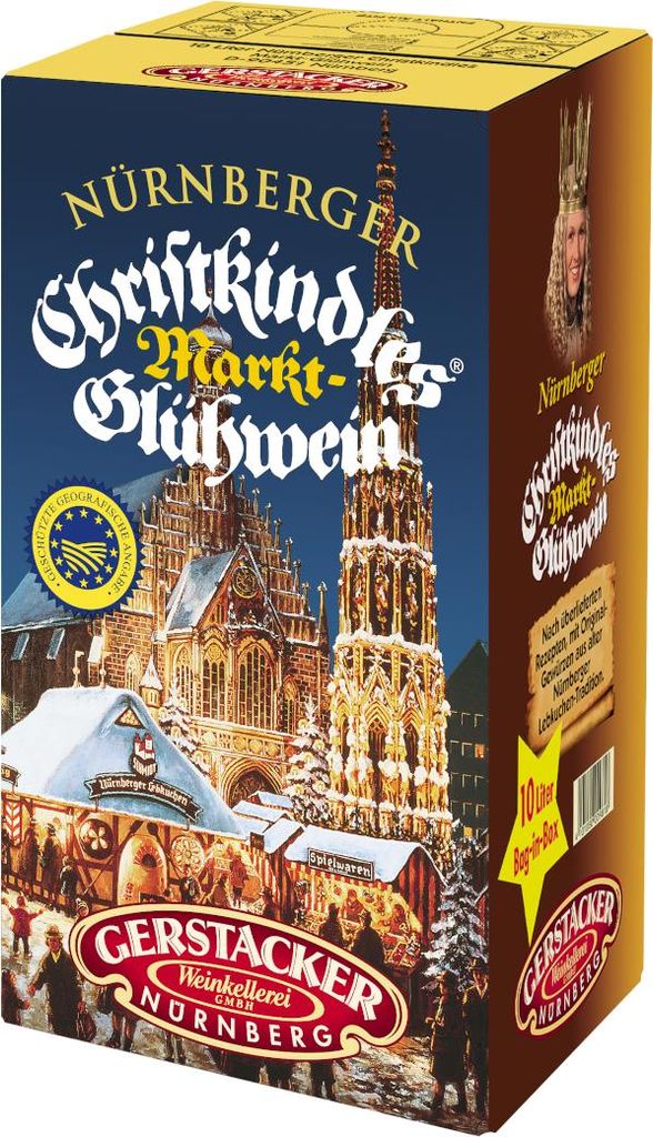 A box of Nürnberger Christkindles Markt-Glühwein with a festive winter scene of Nuremberg's Christmas market and a prominent cathedral.