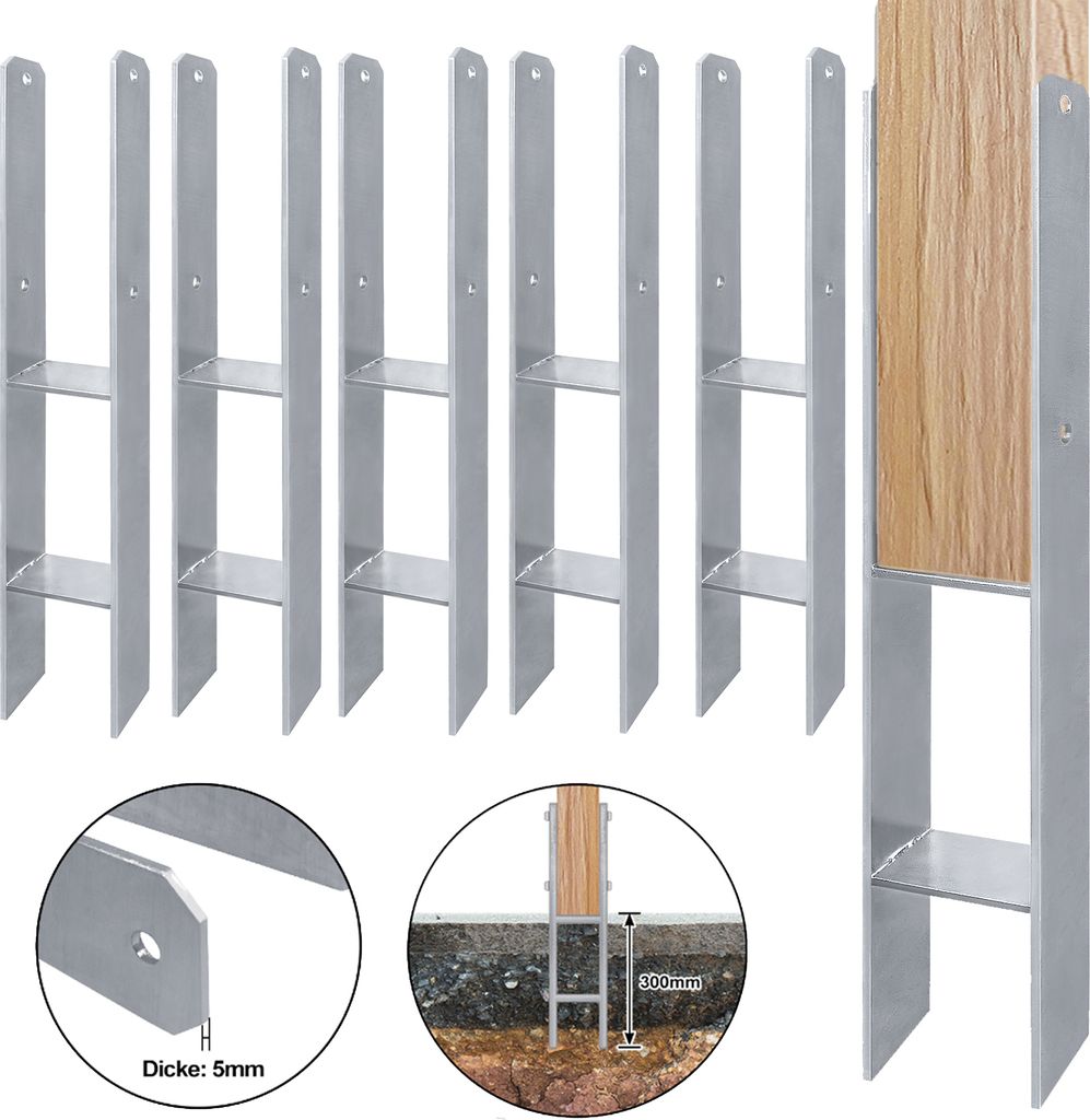 A set of H-shaped metal post anchors, with one anchor showing a wooden post inserted.