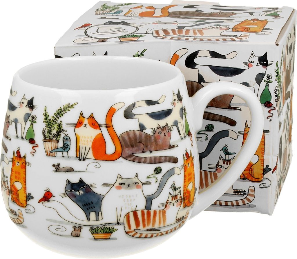 A mug with a cat design and its packaging.