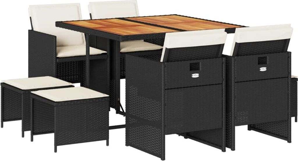 vidaXL 9-tlg. Garten-Essgruppe mit Kissen Schwarz Poly Rattan