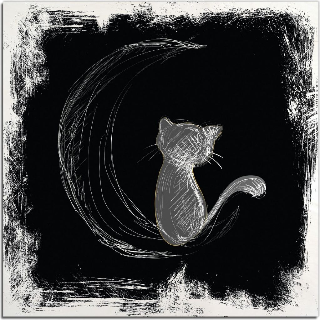 Kunstdrucke Wandbilder Holz in : Brillante Farben, Größe 50 x 50 cm Motiv Katze sitzt auf dem Mond - illustriert in weiß auf schwarz