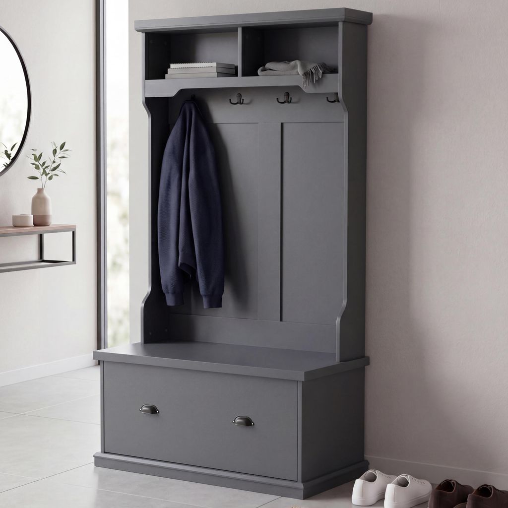 Garderobe MCW-P27, Flurgarderobe Holzgarderobe Sitzbank, 4 Haken Staufach Ablage Melamin 163x100x47cm dunkelgrau
